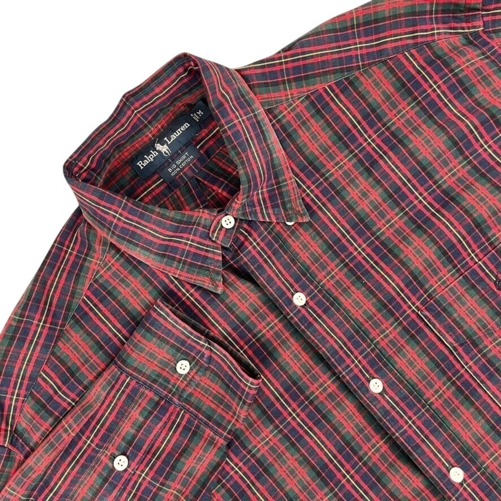 Polo Ralph Lauren Shirt Mens M Red Green Tartan Plaid‎ Button Down Big Shirt VTG